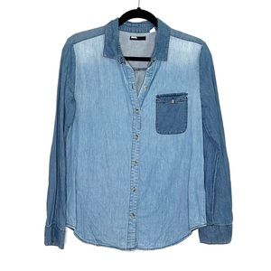 BDG Urban Outfitters Two Tone Color Block multi blue Chambray button up
